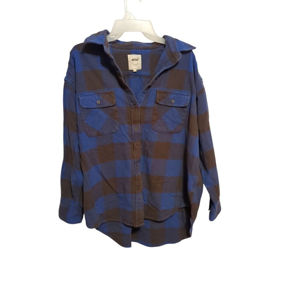 Aerie Shirt Womens Medium Flannel Shacket Buffalo Check Plaid Blue/Gray Oversize